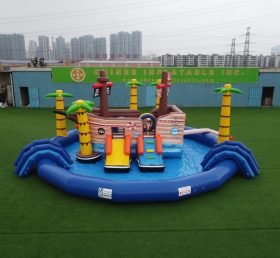 T6-607 Parc aquatique mobile sur le thème des pirates Piscine gonflable avec toboggan, idéal pour les fêtes d'enfants