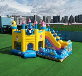 T2-8772 Château Gonflable Thème Baby Shark avec Toboggan et Piscine
