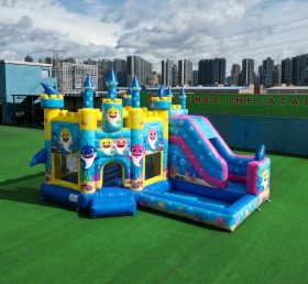 T2-8773 Château Gonflable Thème Bébé Requin avec Toboggan et Piscine