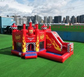 T2-8787 Château Gonflable Thème Cars avec Toboggan et Piscine