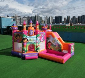 T2-8792 Château Gonflable Thème Dora avec Toboggan et Piscine