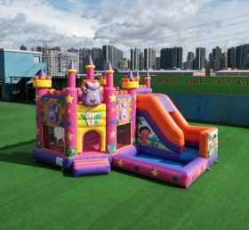 T2-8793 Château Gonflable Thème Dora avec Toboggan et Piscine