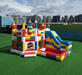 T2-8802 Château Gonflable Thème Lego avec Toboggan et Piscine