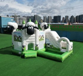 T2-8829 Château Gonflable Thème Shaun Le Mouton avec Toboggan et Piscine