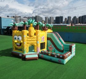 T2-8837 Château Gonflable Thème Bob l'Éponge avec Toboggan et Piscine