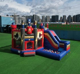 T2-8840 Château Gonflable Thème Superhéros avec Toboggan et Piscine