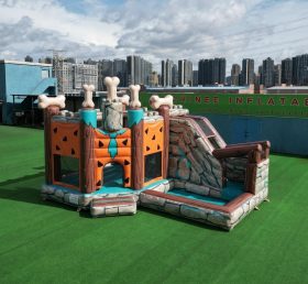 T2-8844 Château Gonflable Thème Les Pierrafeu avec Toboggan et Piscine