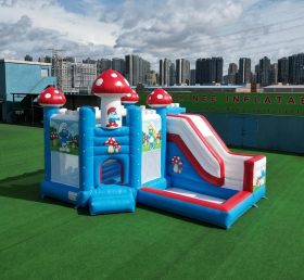 T2-8848 Château Gonflable à Thème Schtroumpfs avec Toboggan et Piscine