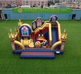 T2-8863 Château Gonflable à Thème La Belle et la Bête avec Toboggan