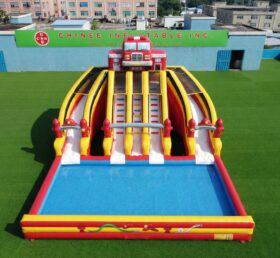 T8-6147 Toboggan Aquatique Gonflable à Thème Camion de Pompiers