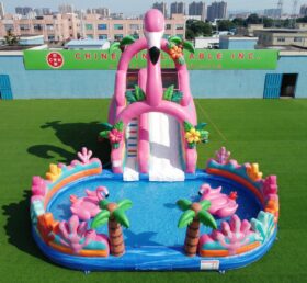 T8-6148 Toboggan Aquatique Gonflable à Thème Flamant Rose