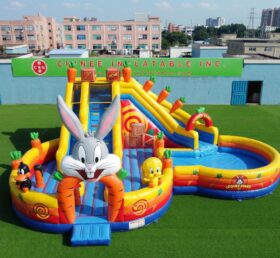 T8-6167 Toboggan Aquatique Gonflable à Thème Looney Tunes