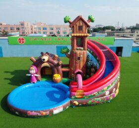 T8-6169 Toboggan Aquatique Gonflable Thème Masha et Michka