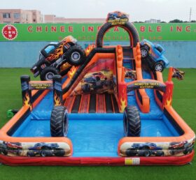 T8-6173 Toboggan Aquatique Gonflable à Thème Camions Monstres
